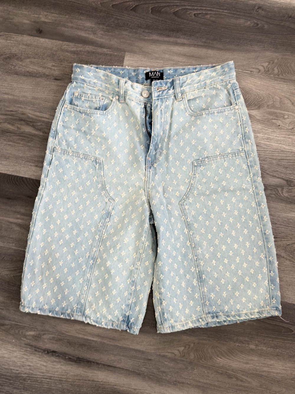 Boohoo Light Blue Patterned Denim Shorts
